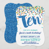 Tiende verjaardag blauwe confetti glitters uitnodi kaart (Voorkant / Achterkant)