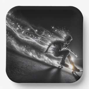 Tiener jongen op een skateboard met neonverlichtin papieren bordje