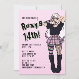 Tiener Meisje Roze Cartoon Punk 14e Verjaardag Kaart
