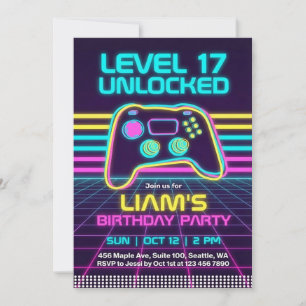 Tiener Retro Neon Gamer Verjaardagsuitnodiging voo Kaart