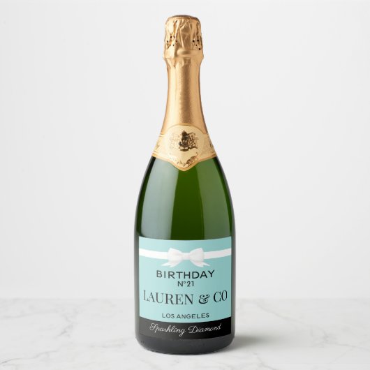 Tiffany geïnspireerde verjaardags drankfles label  sparkling wijnetiket (Voorkant)