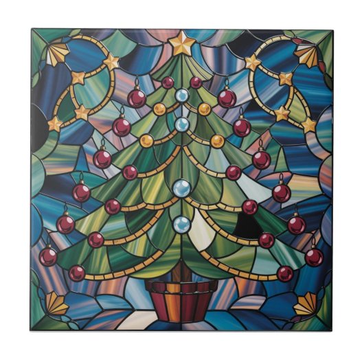 Tiffany-Style Stained Glass Christmas Tree Tegeltje (Voorkant)