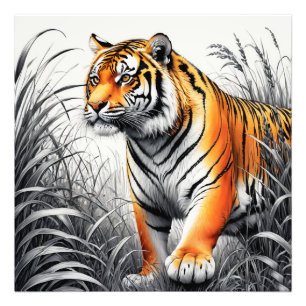 Tiger Art Kleur Gedeeltelijke Zwart Wit Tekening Foto Afdruk