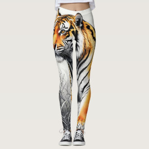 Tiger Art Kleur Gedeeltelijke Zwart Wit Tekening Leggings