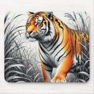 Tiger Art Kleur Gedeeltelijke Zwart Wit Tekening Muismat