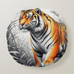 Tiger Art Kleur Gedeeltelijke Zwart Wit Tekening Rond Kussen