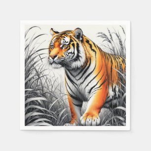 Tiger Art Kleur Gedeeltelijke Zwart Wit Tekening Servet