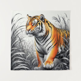 Tiger Art Kleur Gedeeltelijke Zwart Wit Tekening Wandkleed