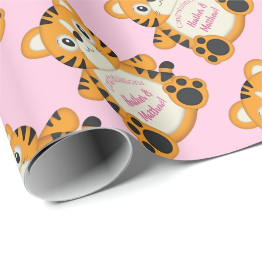 Tiger Baby shower roze Cadeaupapier (Rol Hoek)