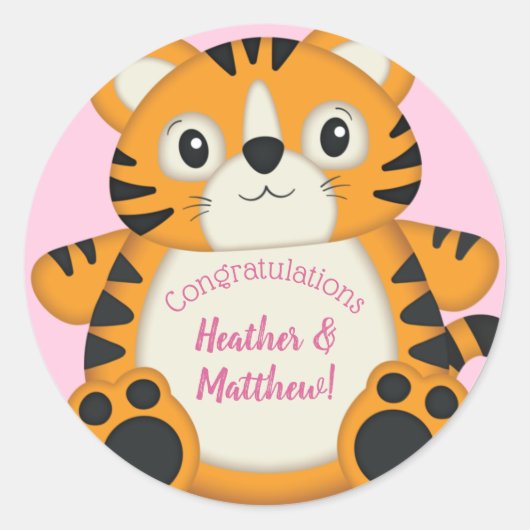 Tiger Baby shower roze Ronde Sticker (Voorkant)