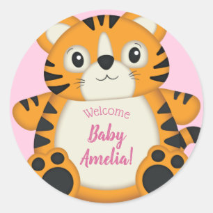 Tiger Baby shower roze Ronde Sticker