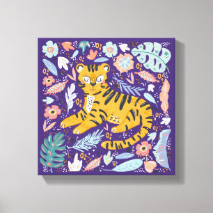 Tiger Cute Floral Canvas Afdruk