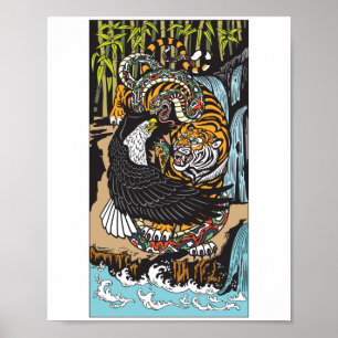 Tiger, Eagle en Snake vechten. Grafische kunst Poster