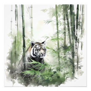 Tiger Green Bamboo Forest Foto Afdruk