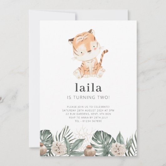 Tiger Greenery Floral Birthday Invitation Kaart (Voorkant)