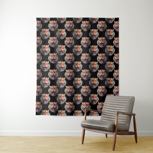 Tiger Head Pattern Design - Zwart Wandkleed (In situ)