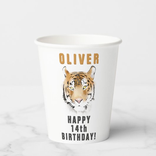 Tiger Head Waterverf Naam Verjaardagsfeest Papieren Bekers (Achterkant)