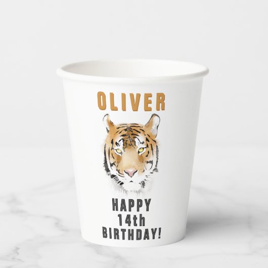 Tiger Head Waterverf Naam Verjaardagsfeest Papieren Bekers (Voorkant)
