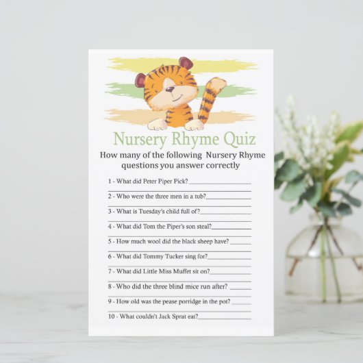 Tiger Nursery Rhyme Quiz baby shower game (Staand voorkant)