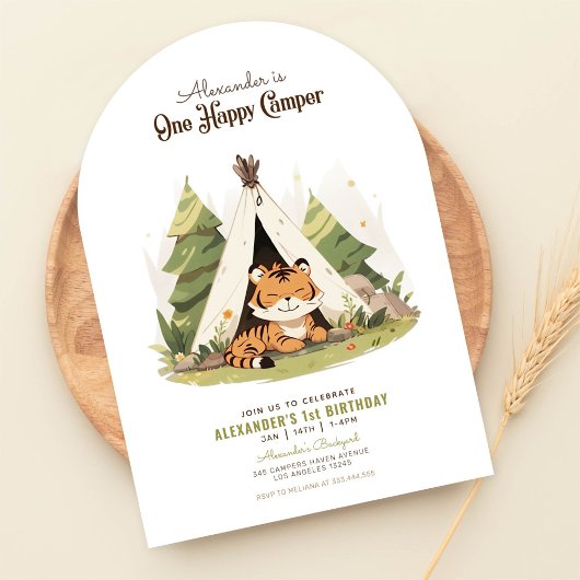 Tiger One Happy Camper First Birthday Invitation