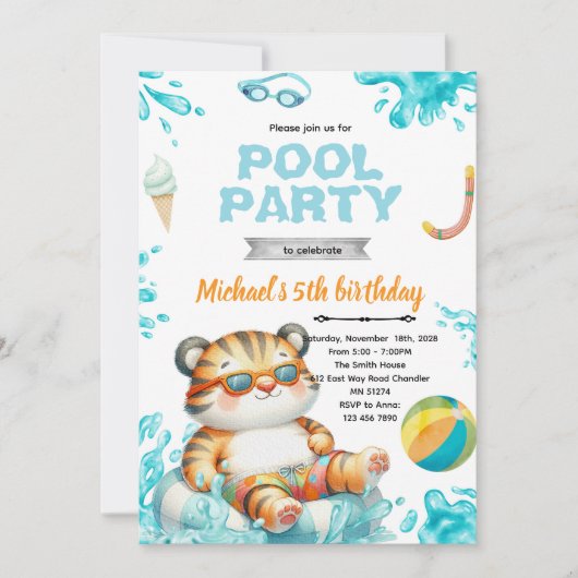 Tiger Pool Party Birthday Invitation (Devant)