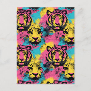 Tiger Pop Art Pattern in roze, geel en blauw Briefkaart