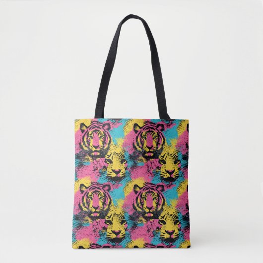 Tiger Pop Art Pattern in roze, geel en blauw Draagtas (Voorkant)