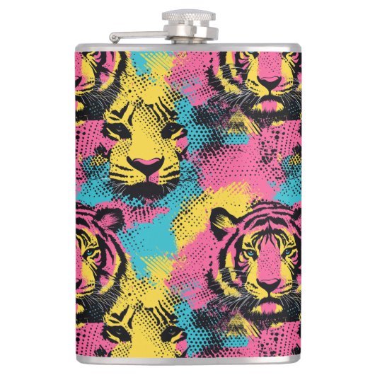 Tiger Pop Art Pattern in roze, geel en blauw Heupfles (Voorkant)
