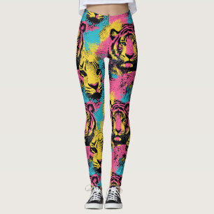Tiger Pop Art Pattern in roze, geel en blauw Leggings