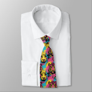 Tiger Pop Art Pattern in roze, geel en blauw Stropdas
