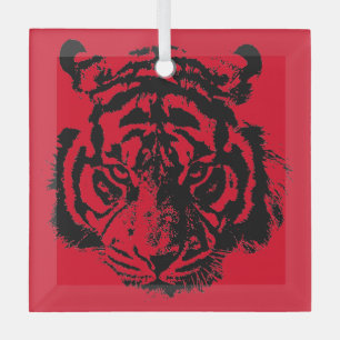 Tiger Pop Art Red Blue Black Glas Ornament