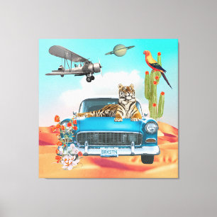 Tiger Retro Car Desert Cactus Surreal Collage Canvas Afdruk