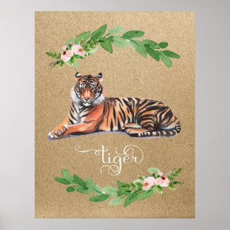 Tiger safari roze florale kleuterwaren poster