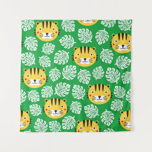 Tiger seamless pattern with tropical leaves. Kid b Wandkleed (Voorkant)