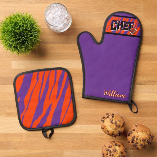 Tiger Stripe Purple Orange Football Design Ovenwant & Pannenlap Set (Top down)