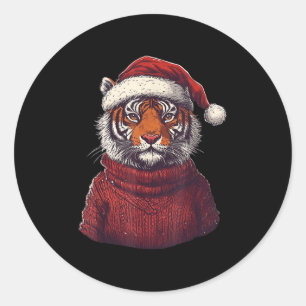 Tiger Ugly Sweater Kerstman Hoed Kerstmis Ronde Sticker