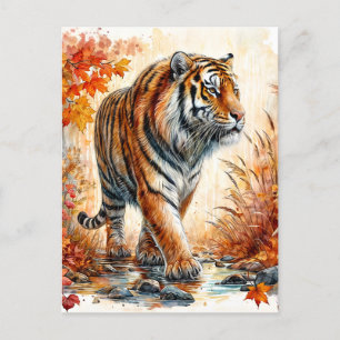 Tiger Walking in de herfst Waterverf Briefkaart