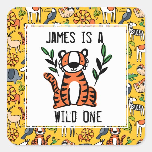 Tiger Wild One Birthday Party Vierkante Sticker (Voorkant)