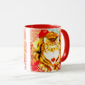 Tiger Yellow Cat Red Whimsical Background Mug (Devant droit)