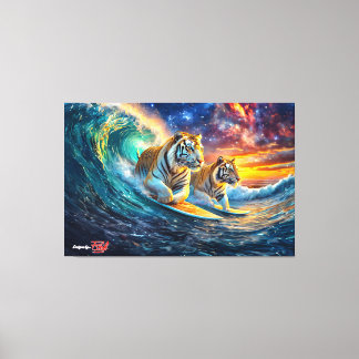 Tigers Surfing Space Design van Rich AMeN Gill Canvas Afdruk