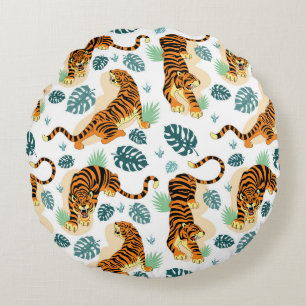 Tigers Tropische bladeren: illustratie. Rond Kussen