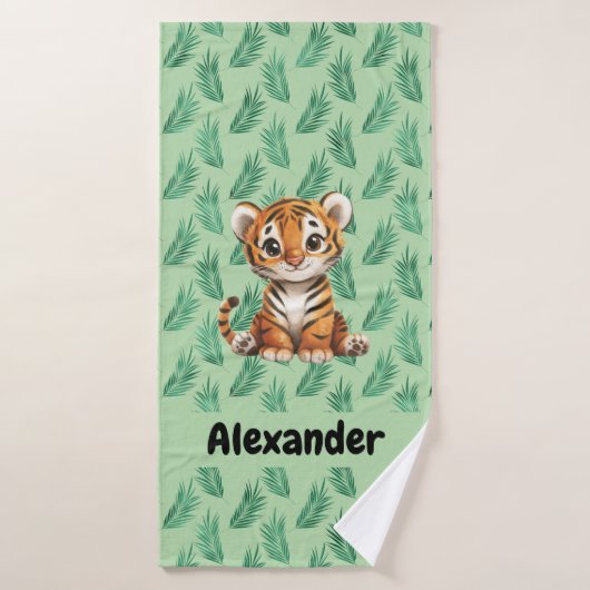 Tigre de dessin mignon sur Feuilles tropicaux (Serviette de bain)