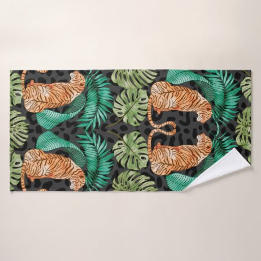 Tigre et Feuilles en Aquarelle Motif sans couture (Serviette de bain)