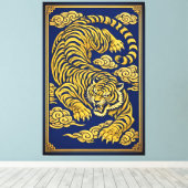 Tigre Impérial – Impression sur toile or et bleu (Insitu (Plancher de Bois))