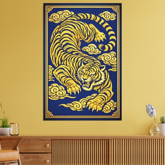 Tigre Impérial – Impression sur toile or et bleu (Insitu(Salon))