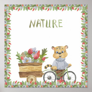 Tigre Mignon Avec Un Vélo Nature Affiche De Texte