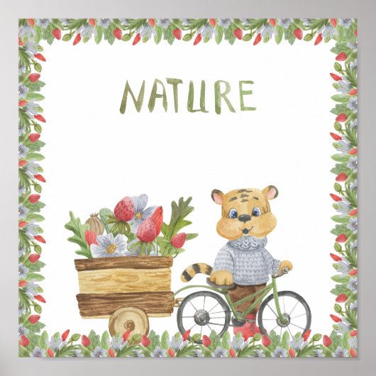 Tigre Mignon Avec Un Vélo Nature Affiche De Texte (Devant)