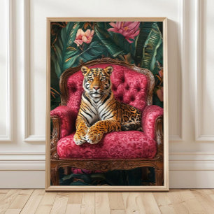 Tigre tropical sur canapé rose Poster Tigre éclect