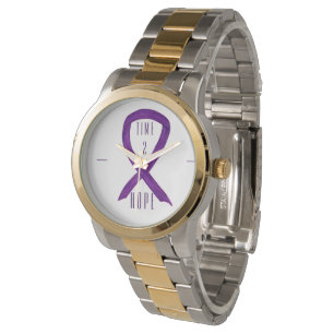 Tijd 2 Hoop Paarse bewustwording Ribbon Wrist Watc Horloge