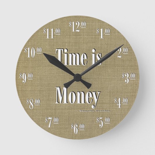 Tijd is Money Clock - White text on taupe texture Ronde Klok (Voorkant)